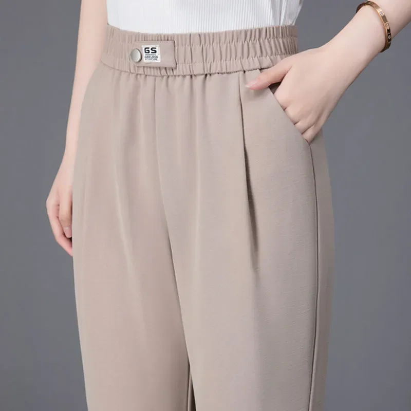 

Summer Thin Solid High Waist Harun Pants Ice Nine Point Casual Loose Large Radish Trousers Fashion Simplicity Women Clothes Z185