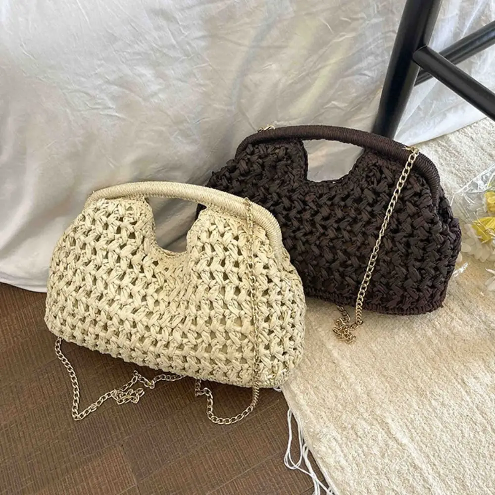 

Trendy Large Capacity Straw Bag Clasp Grass Woven Handbag Half-Moon Fashion Weave Tote Bag Summer