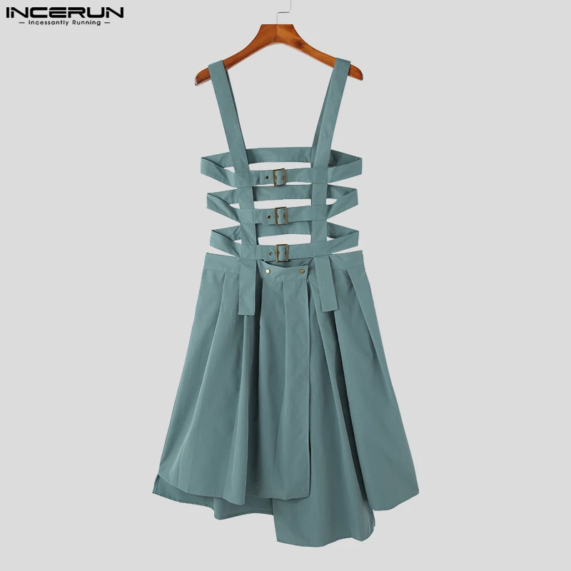 Casual Fashion Style Bodysuit INCERUN Men Pleated Design Skirts Pants Male Irregular Hem Solid Straps Half Skirt Jumpsuits S-5XL