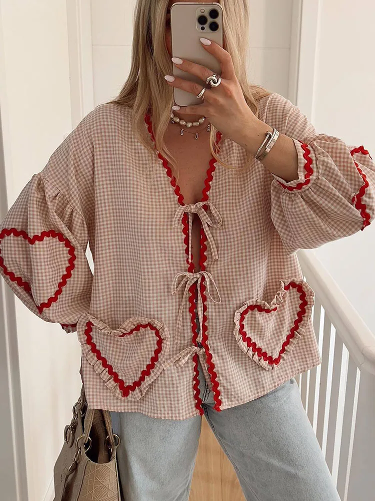 Vintage Woman Grid Print Heart Patchwork Lace Up Blouse Ladies Loose Elegant V-Neck Packet Party Outdoor Tops Girls  Female Chic