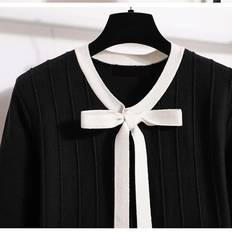 Office Ladies Elegant French Vintage Knitted Sweater Dresses For Women Korean Casual High Waist A-line Bow Collar Knitting Robe