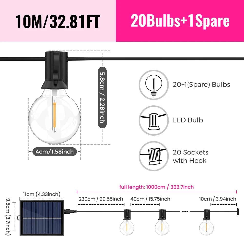 aiopp Solar-Lichterkette für den Außenbereich, USB- und solarbetriebene LED-Außenlichterkette mit bruchsicheren Glühbirnen IP44 für Terrassen-Lichterkette 5