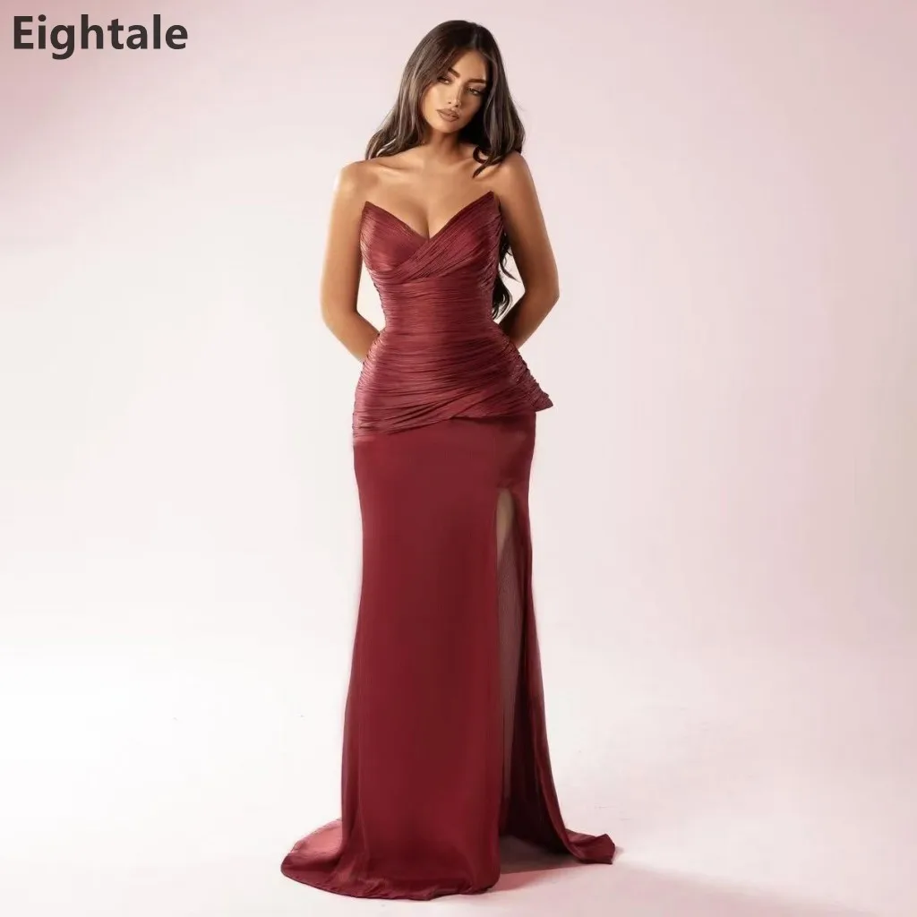 Eightale 2025 Maxi abito da sera a sirena pieghettato in chiffon di seta bordeaux Abito da ballo formale da sposa Abito da festa Dubai personalizzato