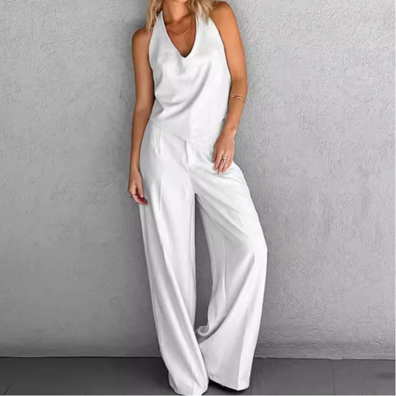 Fashion New Personality Senior Halter Waistcoat High Waist Wide Leg Pants Two-piece 2024 Summer Autumn Women's Commuter Suit