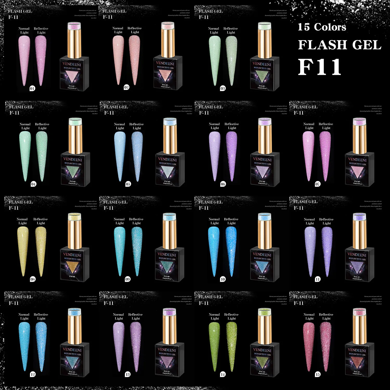 Vendeeni 15 colori fluorescente glitter diamante spezzato smalto gel lucido Soak Off UV LED gel vernici decorazione unghie artistiche