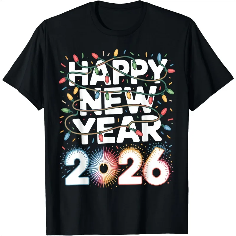 

Happy New Year 2026 T-Shirt Colorful String Light Firework Print Women's Short-Sleeved Holiday Essential Versatile Crew Neck Top