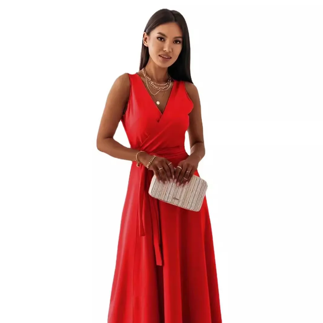 Elegant A Line V Neck Sleeveless High Waist Tie Maxi Dress for Wedding Guest Summer Party Prom Wedding Party Evening Wrap