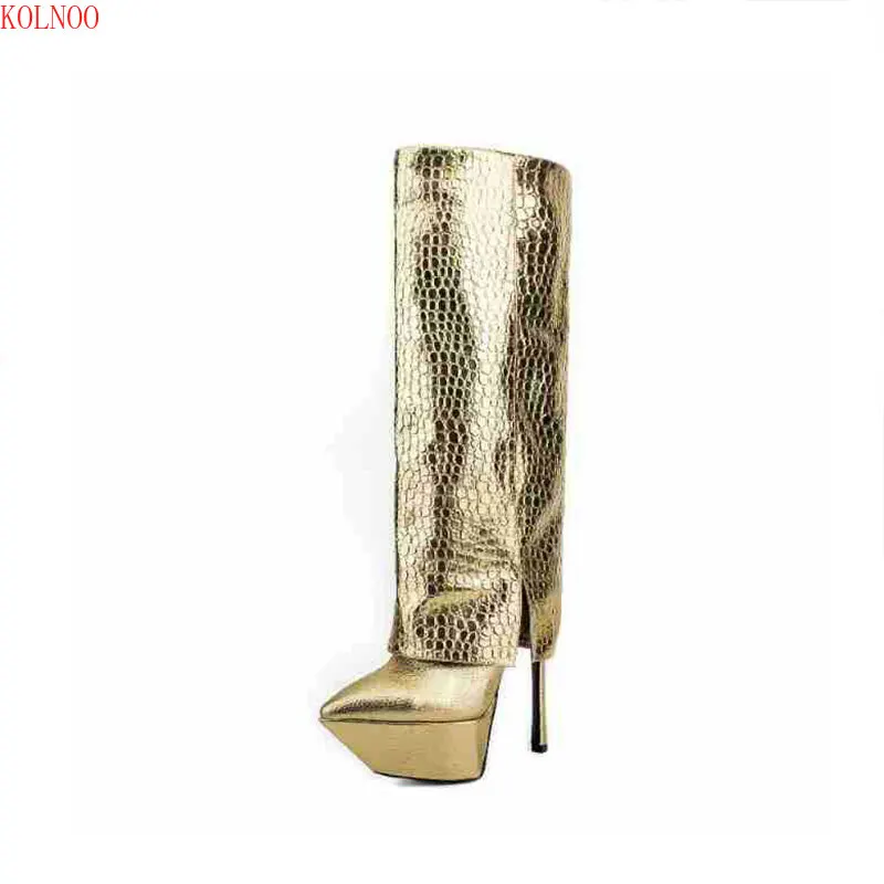 Kolnoo Animal Print Gold Solid Color Patent Knee High Stiletto Slip On Wide Shaft Winter Pointed Toe Platform High Heels Boots