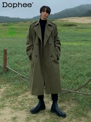 2024 Autumn Men's Trench Coats Medium Long Over The Knee Loose Fashion Handsome Trendy Coat Long Sleeve Solid Color Cape Jackets