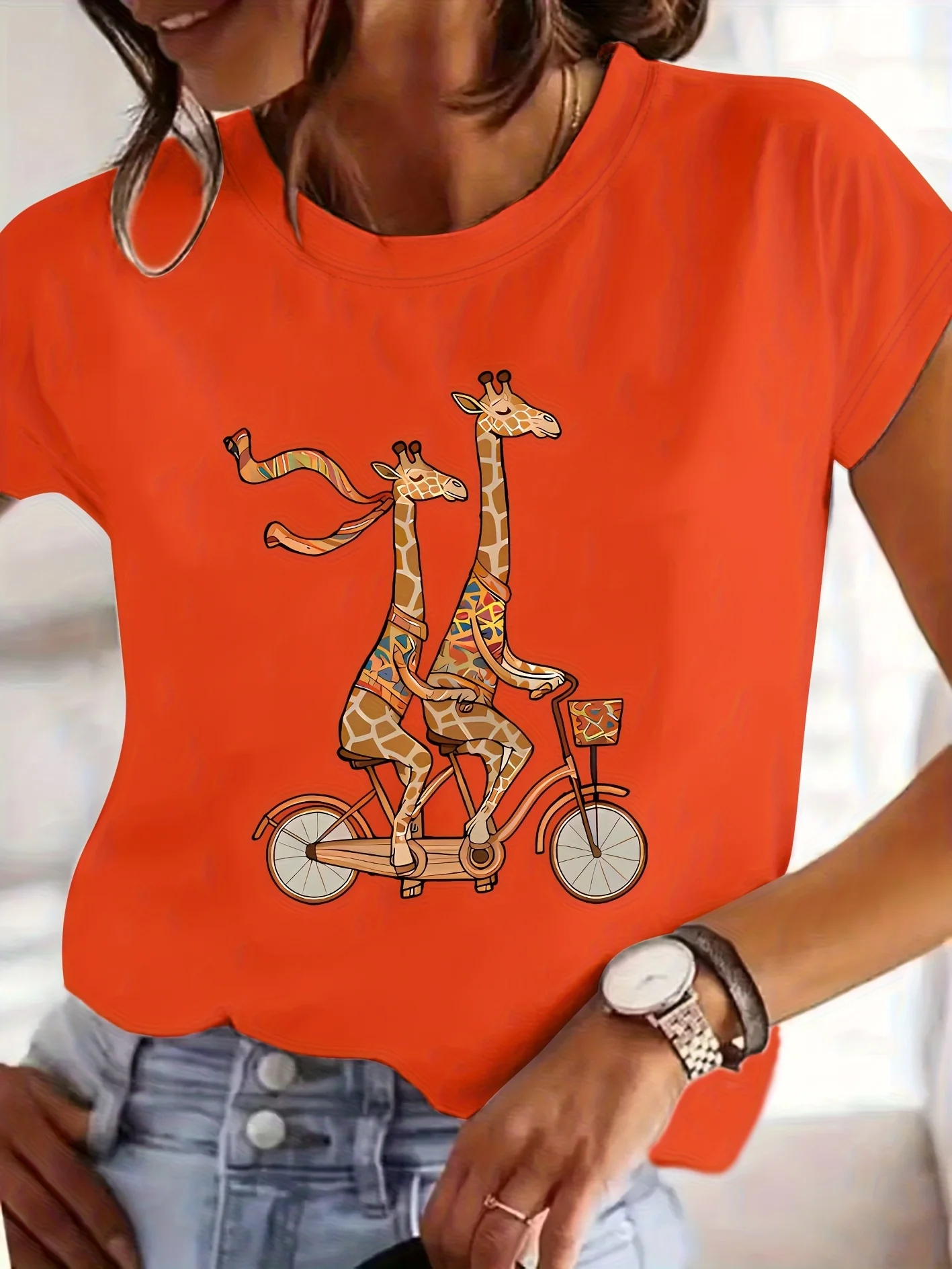 Women Short Sleeve T Shirt Cute Giraffes Riding Tandem Bicycle Graphic Crew Neck Tees Soft Tops For Women Daily Street Wear