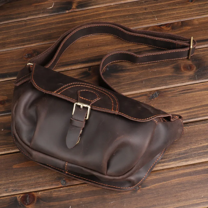 

2026 Genuine Leather Men's Chest Bag Trendy Fashionable Shoulder Business Chest Crazy Horse Cowhide Designer Luxury Bag
