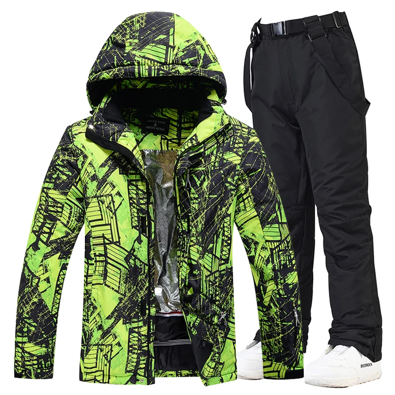 Colorful -30 Men\'s Ice Snow Suit Sets Outdoor Sports Snowboarding Clothing Waterproof Skiing Wear Winter Jackets and Strap Pants