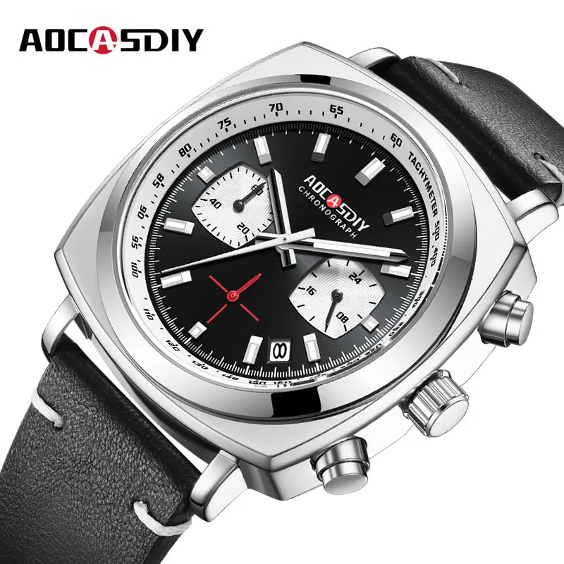 AOCASDIY New Fashion Square Watch Multi-Functional Three-Eye Six-Pin Timing Leisure Men's Leather Watch