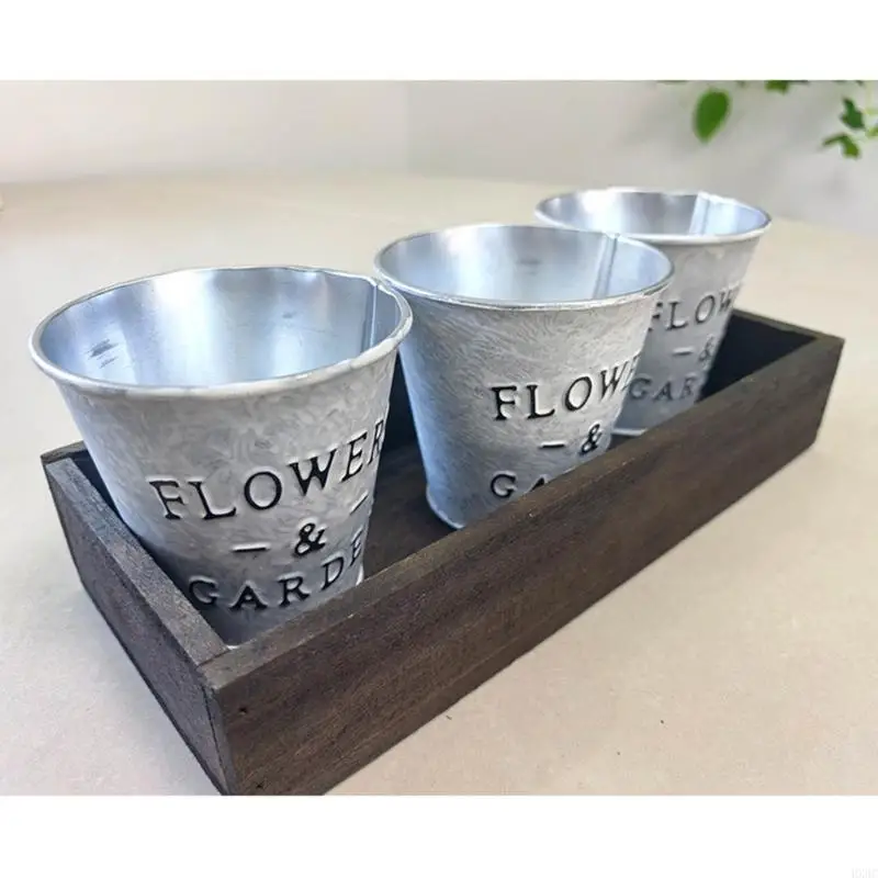 3PCS galvanized Planter Flower Pot Pot พร้อมฐานสำหรับบ้านและสำนักงานตกแต่ง HX6C