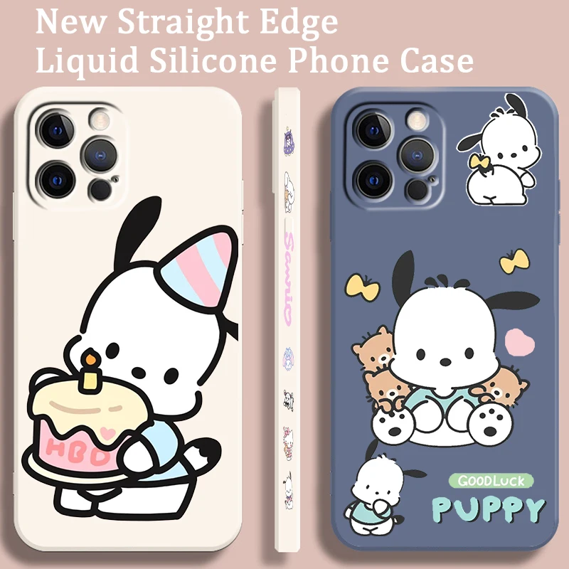 Sanrio Pacha Dog Cartoon Liquid Left Rope For Apple iPhone 15 14 13 12 11 XS XR X 8 7 SE Pro Max Plus Mini TPU Phone Case