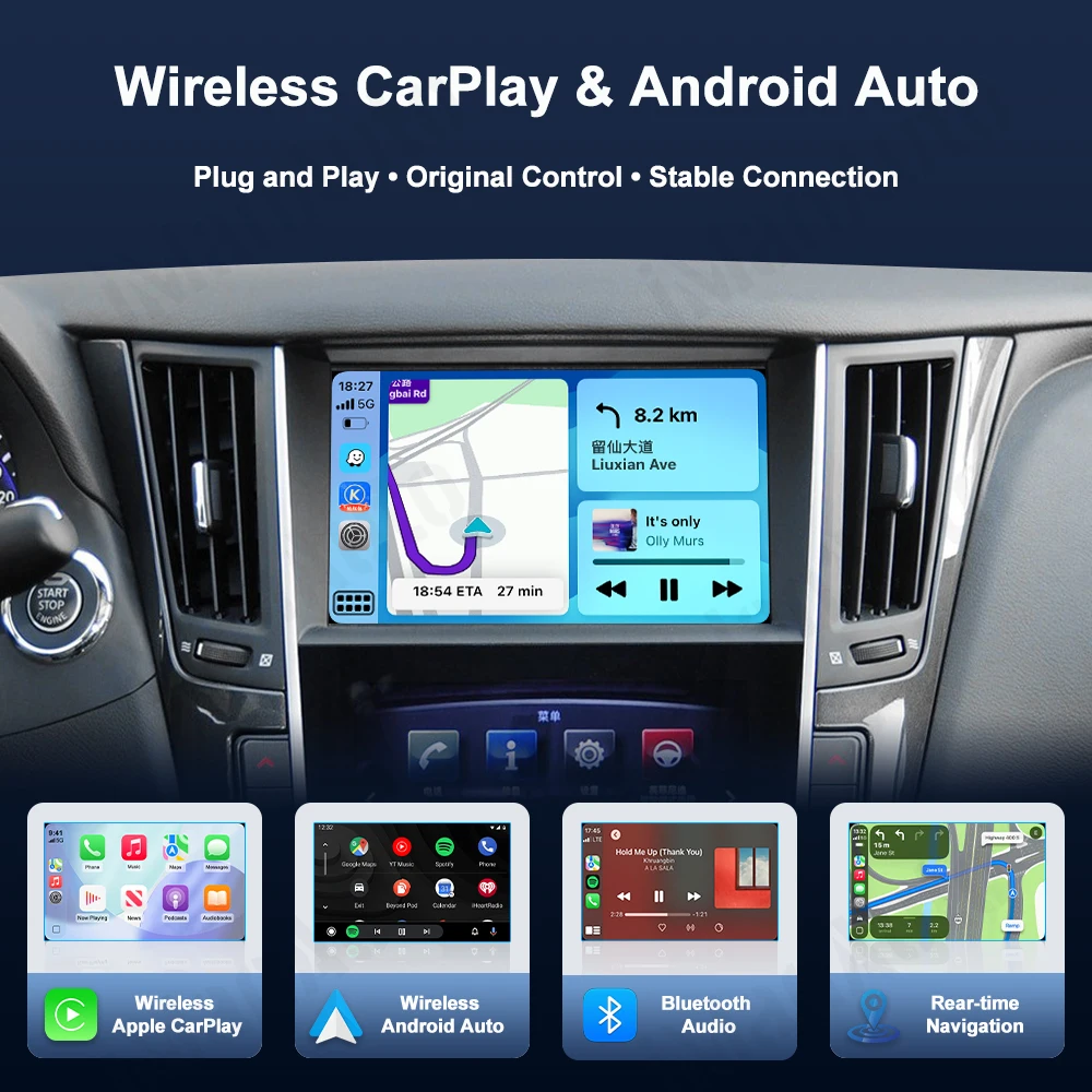 Wireless CarPlay Retrofit Box for Infiniti 8 inch Screen 2015-2019 Q50 Q60 Q50L QX50 Android Auto Mirroring Airplay Cam