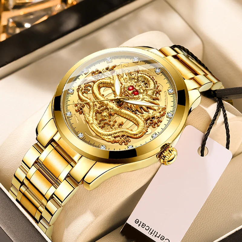 Embossed Gold Dragon Watch Men\'s Waterproof Business Diamond Set Ruby Dial Fashion High Quality Watch Relogio Masculino