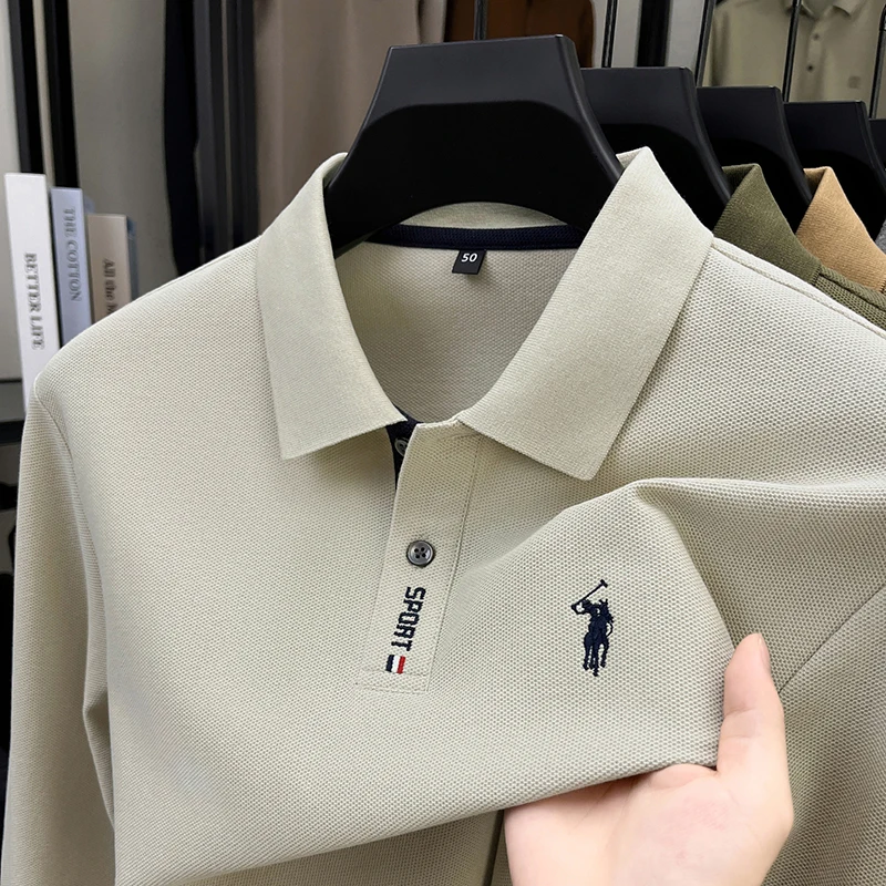 100 القطن قميص بولو الربيع والخريف طويلة الأكمام تي شيرت رجالي مطرزة الأعمال الجديدة والترفيه بلون فضفاض تي شيرت