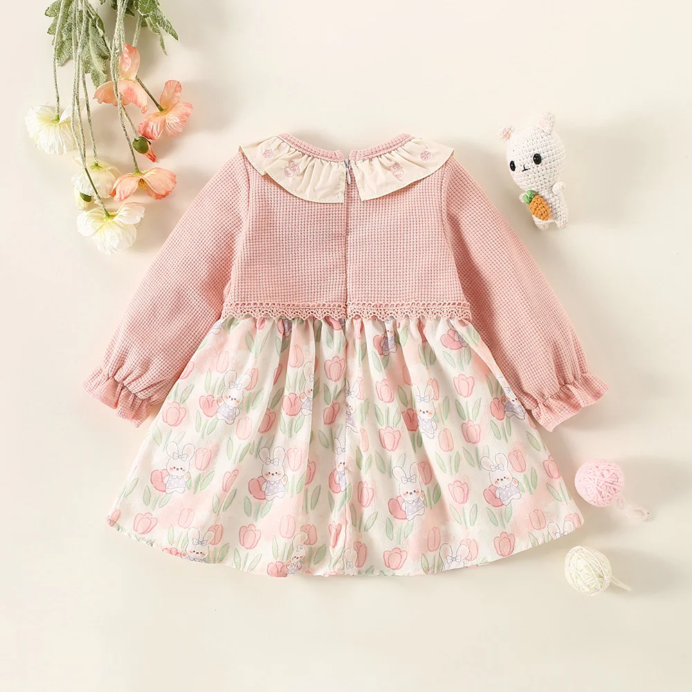 Autumn 2/piece set of girls\' dress bag baby girl long sleeved cardigan spliced rabbit flower print dress fake two pieces