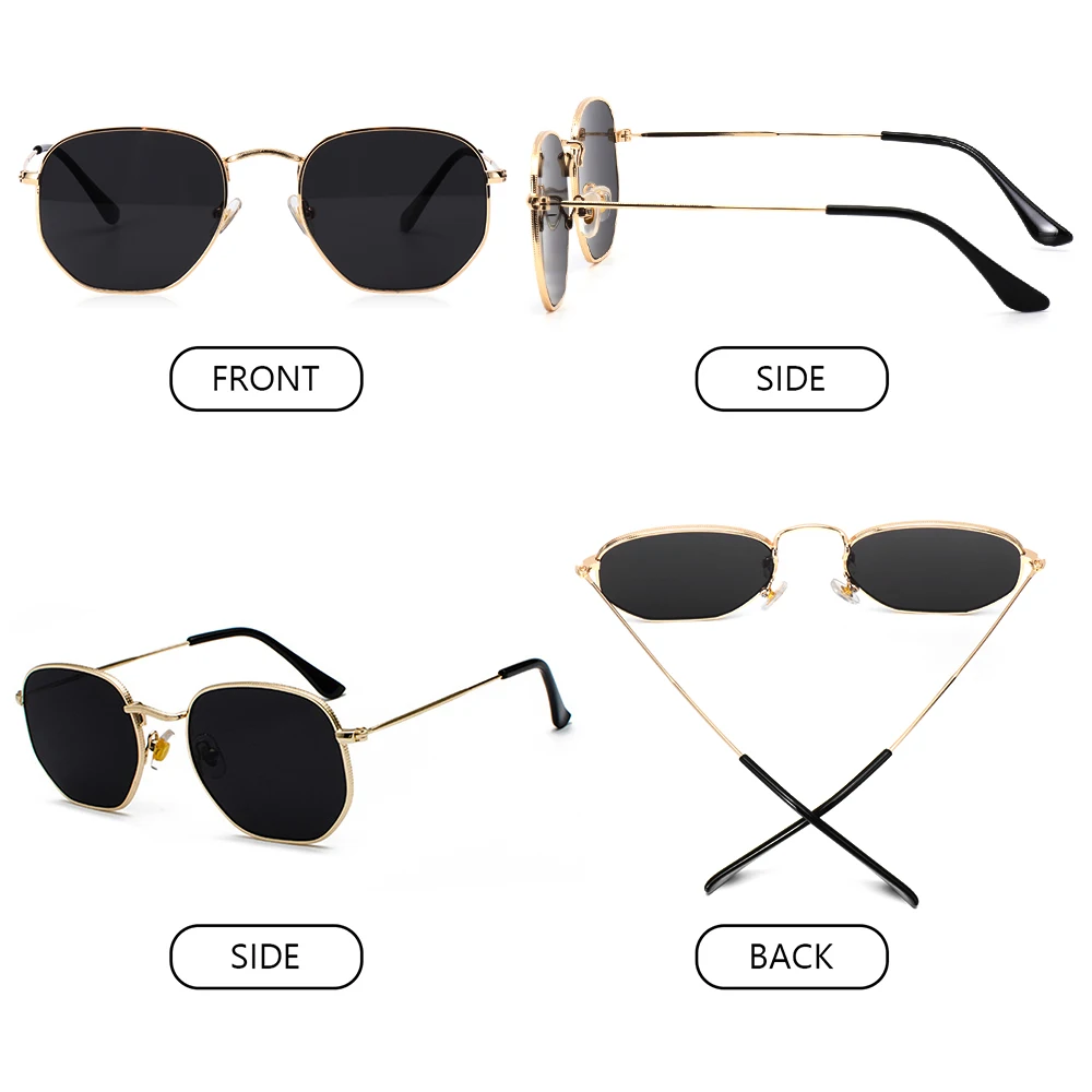 Summer Glasses Eyewear Metal Frame Small Square Sunglasses Sun Glasses Polygon Mirrored Lens Sunglasses for Men and Women