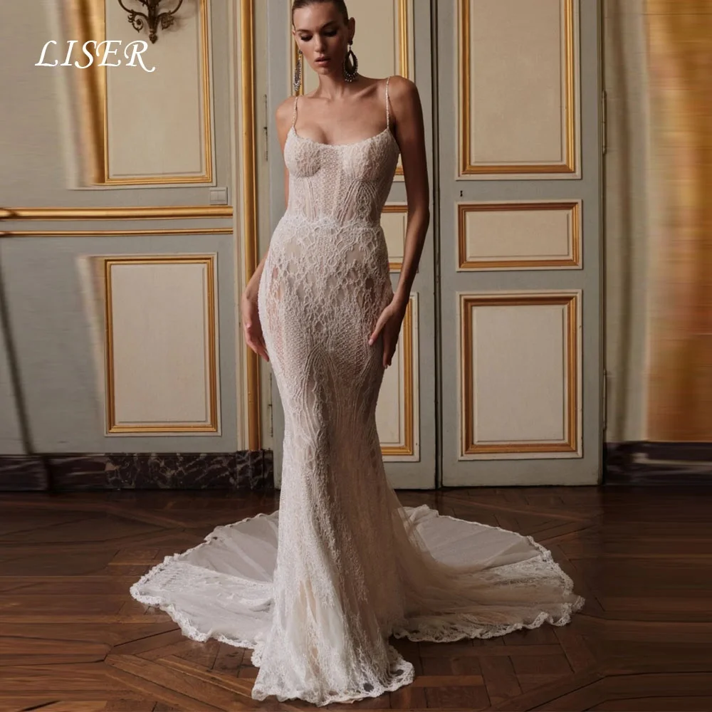 

Liser Spaghetti Strap Luxury Wedding Dresses Mermaid Silk Lace Sexy Elegant Long Bridal Gowns Customized robe de mariée