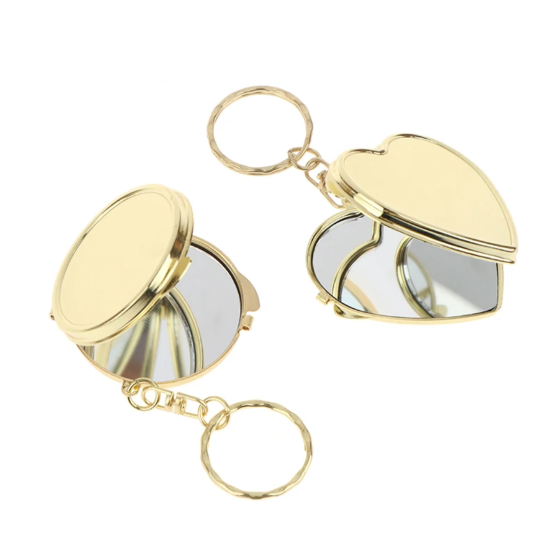 Gold Mini Folding Mirror Keychain Round/Heart/Oval Square Shape Double Sided Cosmetic Mirror Keyring Makeup Mirror Women Gift