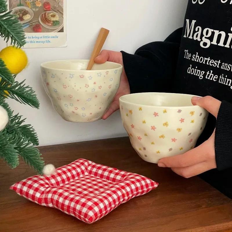 Colorful Stars Girlish Heart Korean Style Ceramic Bowls Large Capacity Salad Bowls Yogurt Bowl Breakfast Bowl Dessert Bowl Set