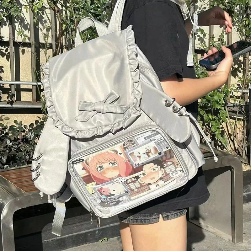 Y2k Bow Rabbit Ear Japanese Ita Backpack Lolita Girl's Transparent Bag Yosuga no Sora Cosplay Rucksack Preppy Ruffled Knapsack