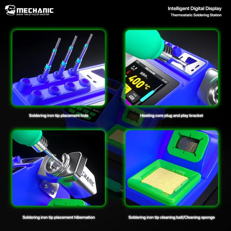 

Soldering Workstation LED Large Display 200W 100-460℃ Rapid Heating & C210 Handle Compatible Hibernation Tip Slot Cleaning Kit