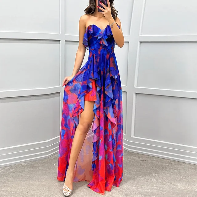 Elegancka seksowna Off Shoulder gradientowa nieregularna sukienka na imprezę kobiety falbanka kwiatowy nadruk Bohe długie sukienki drapowana elegancka suknia wieczorowa