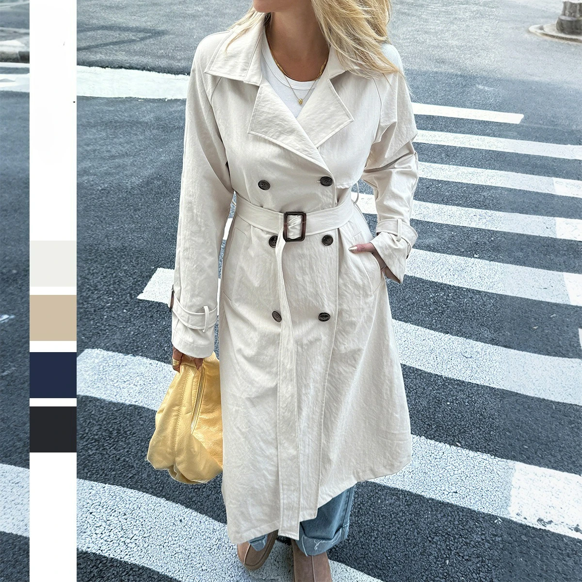 

Solid Color Casual Long Windbreaker Jacket, Autumn Women's Fashionable Lapel Double Row Buckle Commuting Windbreaker Jacket