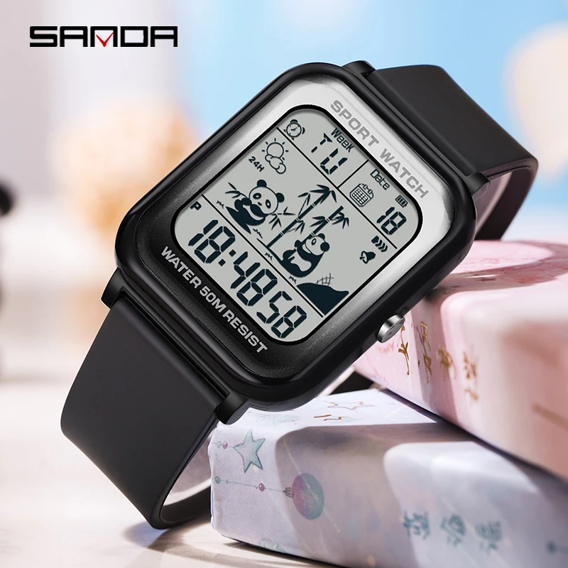 SANDA Top Children Outdoor Sports Gradient Electronic Watch Panda Pattern Square Waterproof Trend Unisex Fashion Women Watches