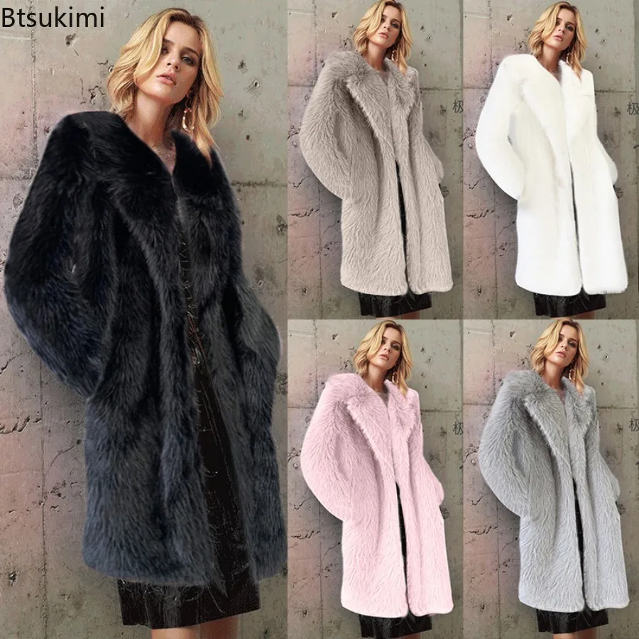 

Long Faux Fur Coat Women Autumn Winter Large Jacket Overcoat Solid Turn Down Collar Pockets Thick Coat Warm Jackets Maxi Coats