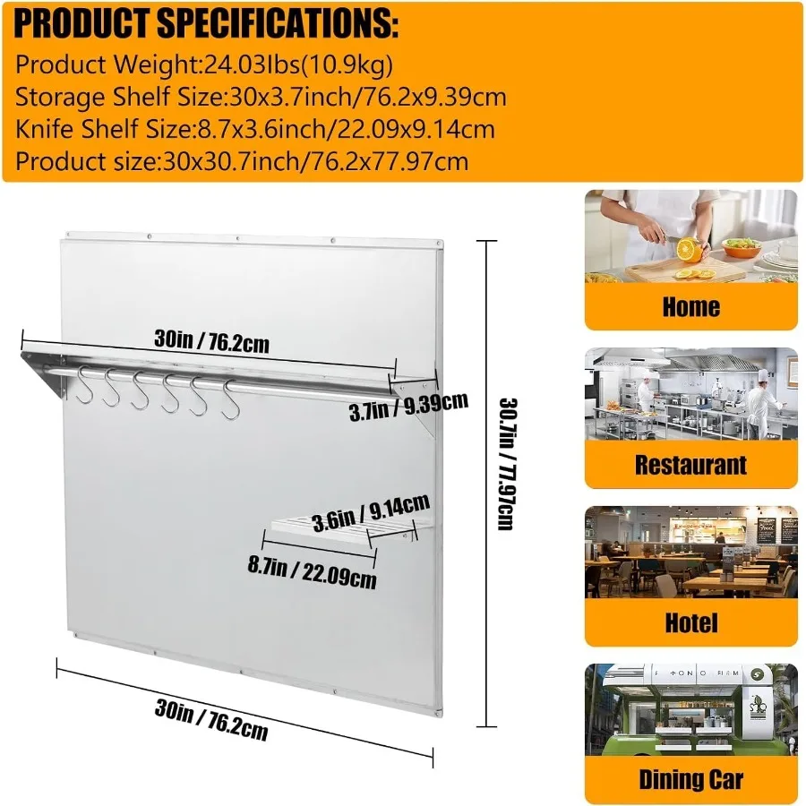 Panel ochronny ze stali nierdzewnej 30x30,7 cm z wbudowaną półką i uchwytem na noże do montażu na ścianie nad okapem kuchennym, montowany na ścianie K