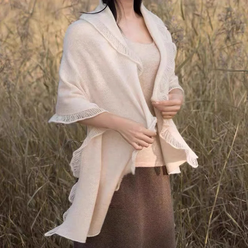 Cashmere scarf female autumn and winter tassel shawl dual-purpose solid color Joker warm wool knitted scarf Western style.