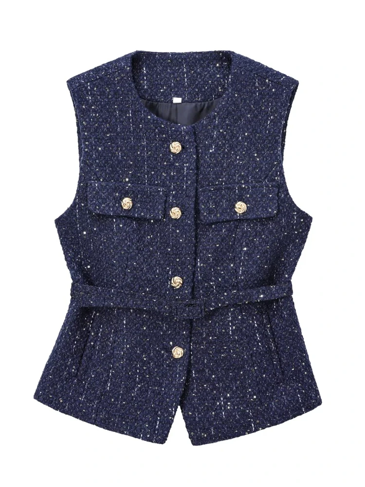 

Women's Tweed Waistcoat with Belt, O Neck, Sleeveless, Front Button, Female Outerwear, Chic Tops, Fashion Vest Women XQ841