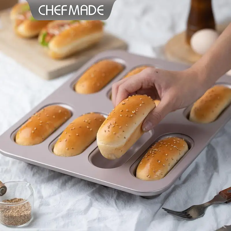 CHEFMADE 8-Cup Oval Long Hot Dog Bread Mold Non-stick Baking Tray Oven Bakeware for Home Kitchen