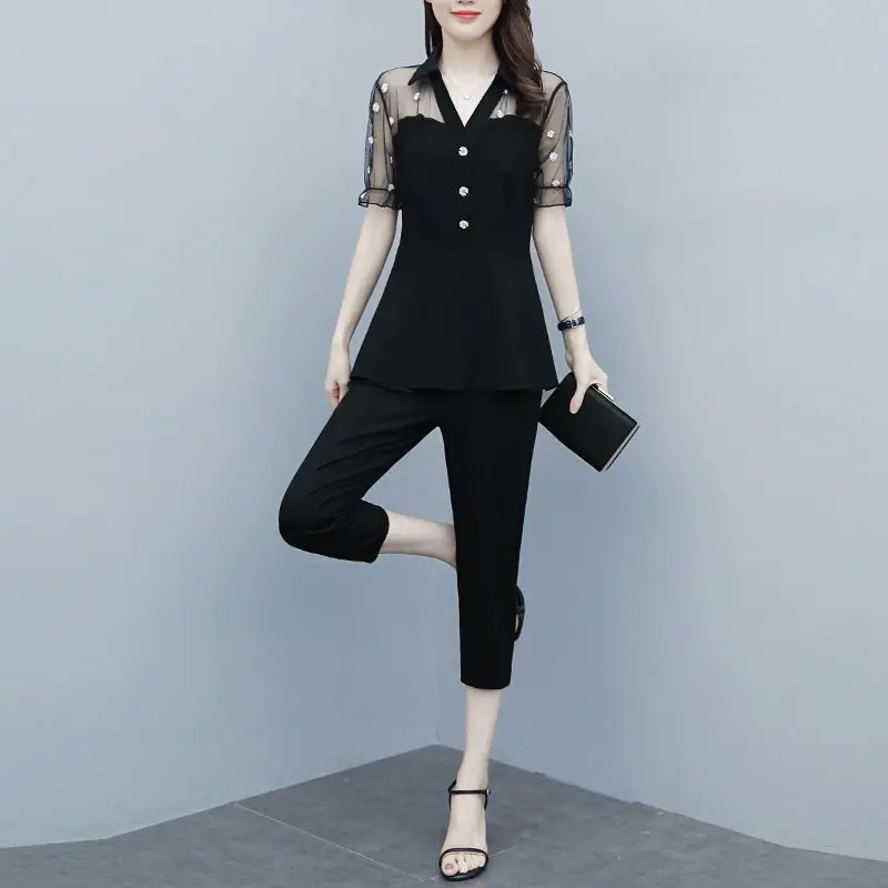 2022 Summer New Korean Fashion Hollowed Out Daisy Elegant Women\'s Suit Sexy Lace Chiffon Shirt Pants Two-piece Set Trouser Suits