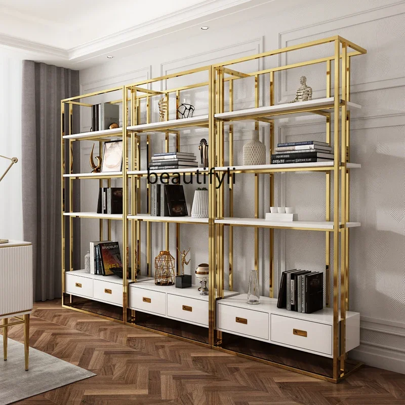 

Italian light luxury stainless steel bookshelf bookcase floor storage high-grade storage rack wrought iron multi-layer shelf a50