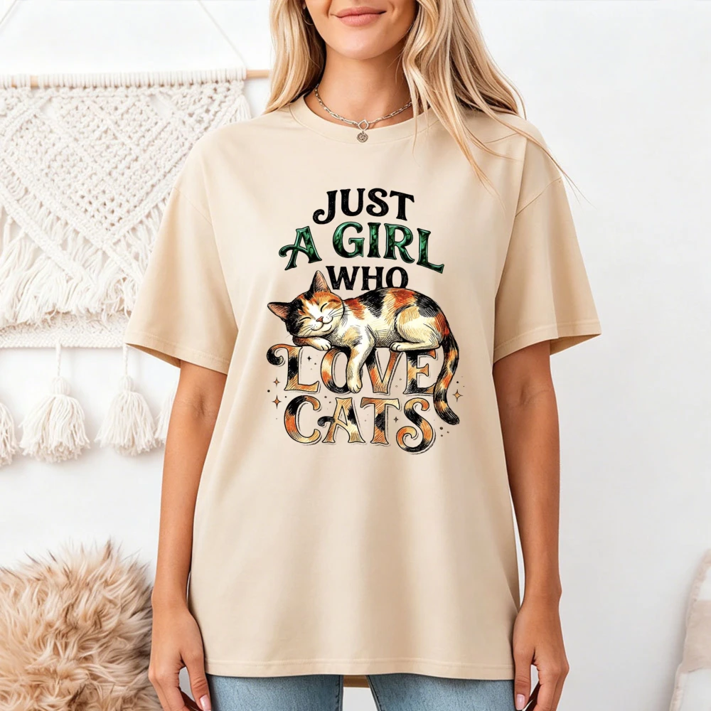 Just A Girl Who Love Cats Graphic Beige Tee Women Sleeping Cat T-Shirt Cute Animal Top Cozy Fall Shirt Funny Pet T Shirt