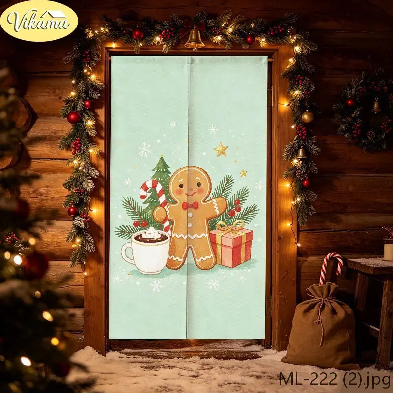 Fantasy Winter Christmas Door Hanging Curtain, Cartoon Gingerbread Man Fabric Curtain, Entryway Home Decor