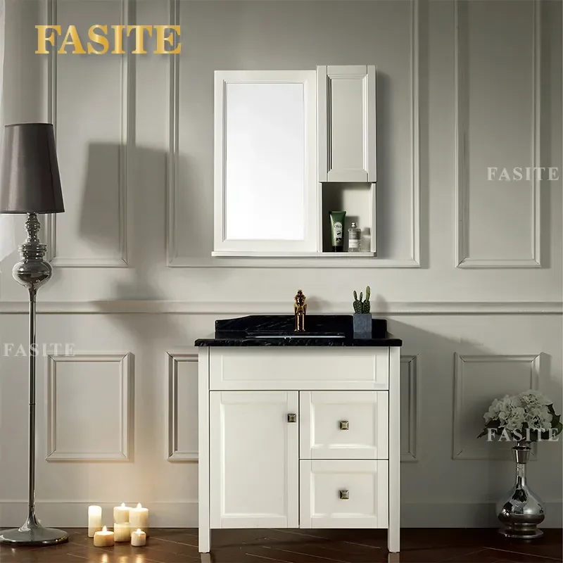 For American Classical Style Ivory White Bathroom Cabinet Combination Storage Vanity Unit with Sink Modern Home Decor