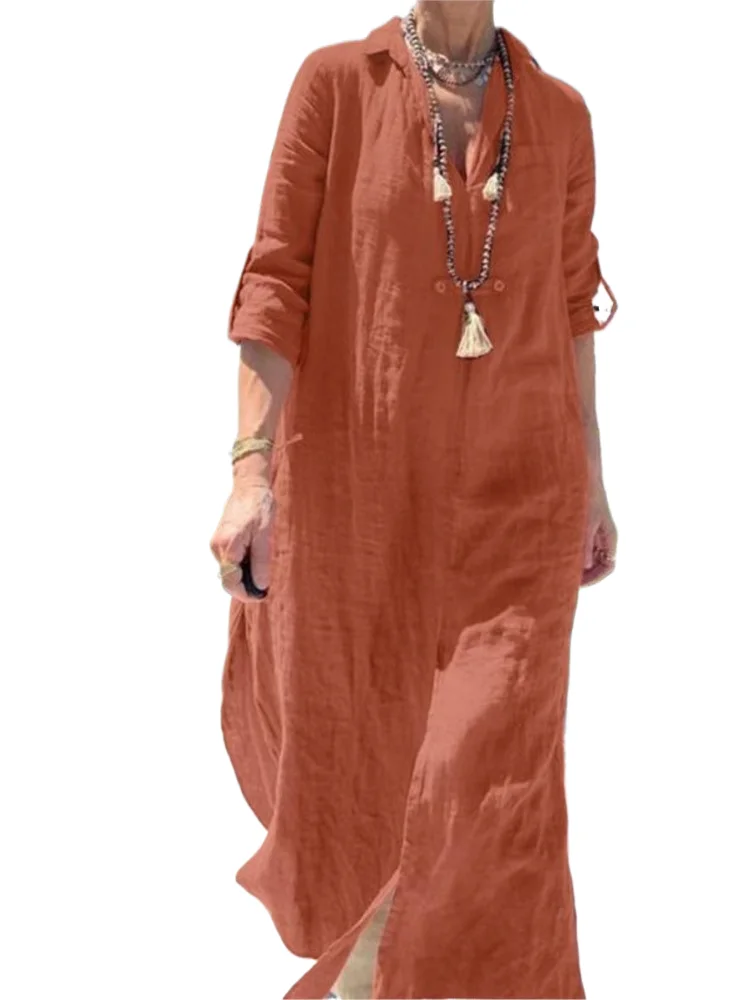 

Women Dress Spring Summer V Neck Long Sleeve Beach Shirt Dresses Casual Loose Elegant Office Solid Dress Robe Femme Vestidos