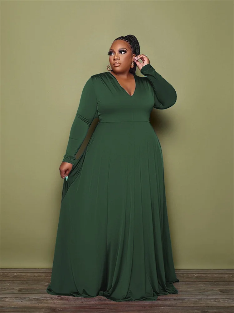 Wmstar Plus Size Party Dresses Women Clothing 2023 V Neck Long Sleeve Solid Loose Elegant Maxi Dresses Wholesale Drop Shipping