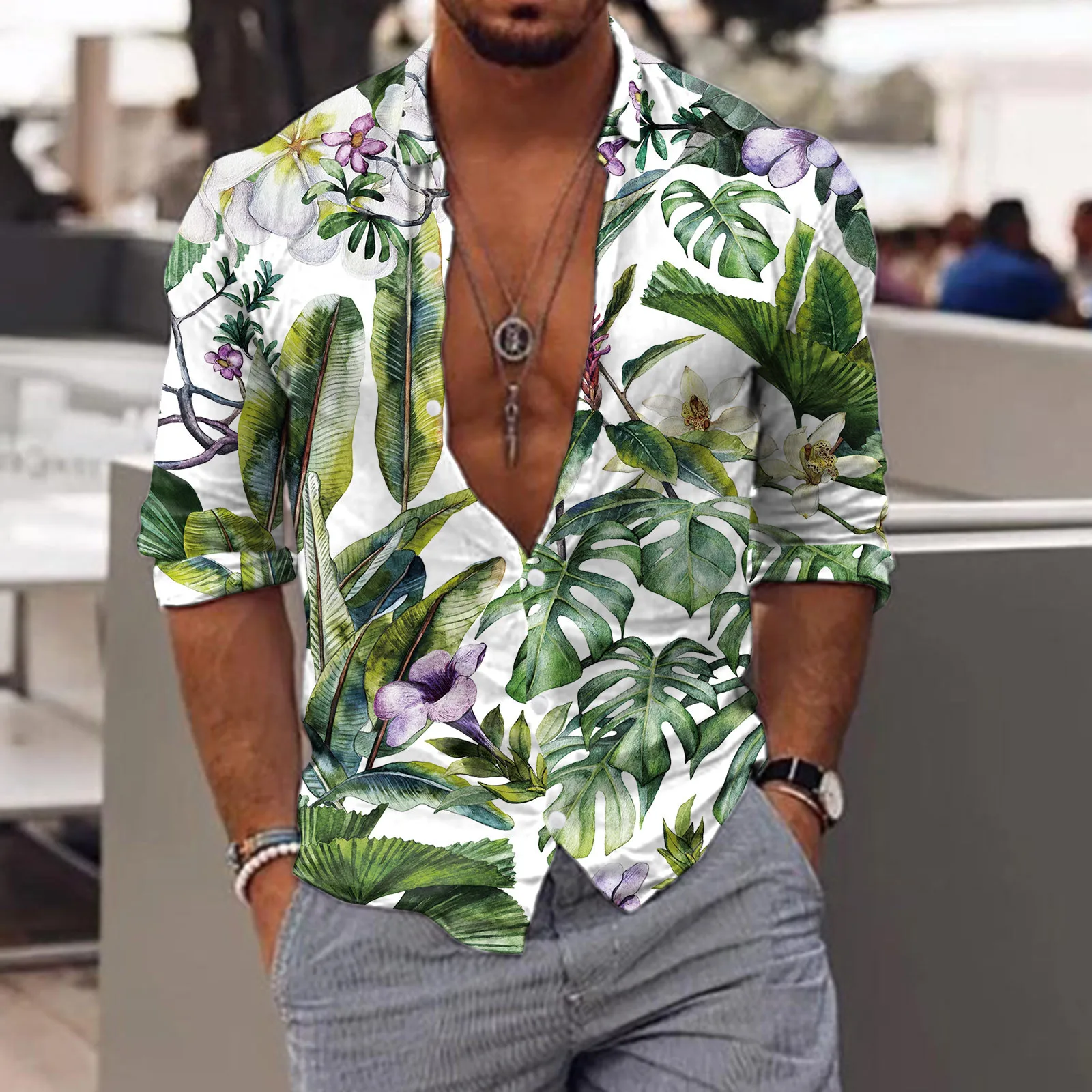 Autumn Spring Men\'s Hawaiian Shirt Casual Fashion Street Long Sleeves Tropical Floral Shirts Beach Vacation Party Men\'s Shirt