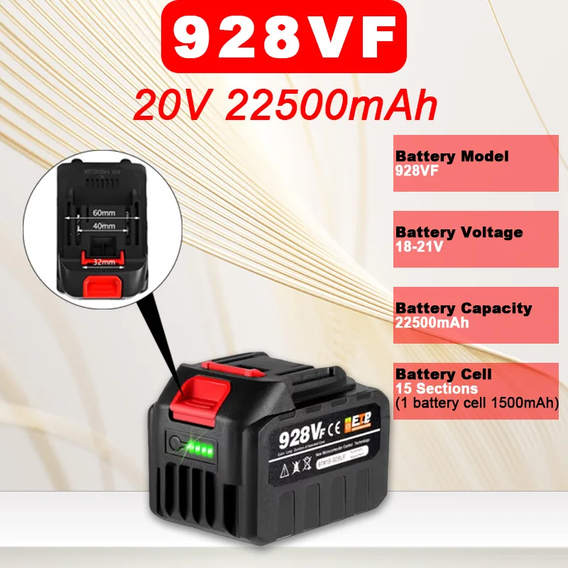 

22500mAh 928VF 20V Li-ion Battery for Electric Chainsaw/Drill/Wrench - Fast Charging Long Lasting Power Tool Replacement Battery