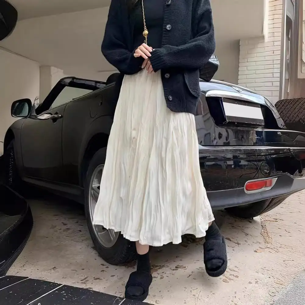 Pleated Midi Skirt Elegant High Waist Pleated Skirt for Women Breathable A-line Streetwear with Hem Solid Color Summer Fashion