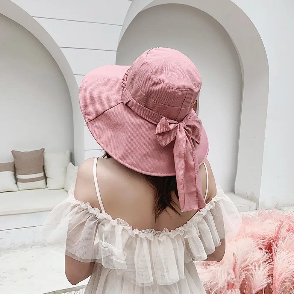 

Basin Hat Wide Brimmed Women's Sun Hat with Bowknot Foldable Bucket Hat Soft Korean Style Fishman Hat Beach