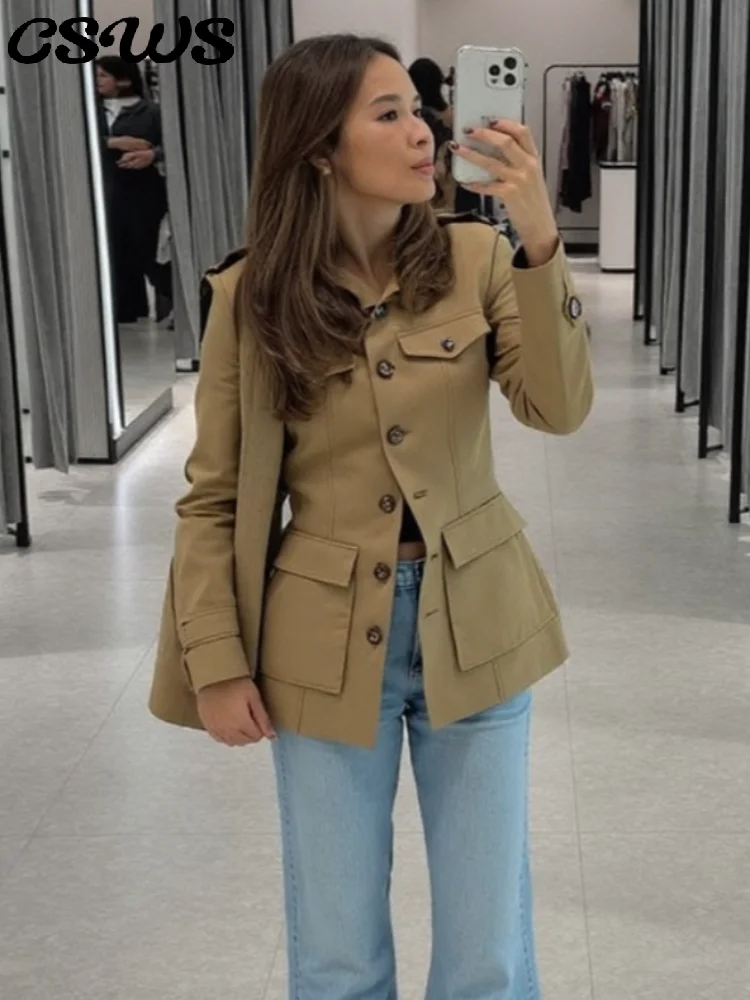 

Casual Single Breasted Women's Coat Khaki Slim Long Sleeve Stand Collar Pocket Female Jacket 2025 Autumn Fashion Lady Outwear