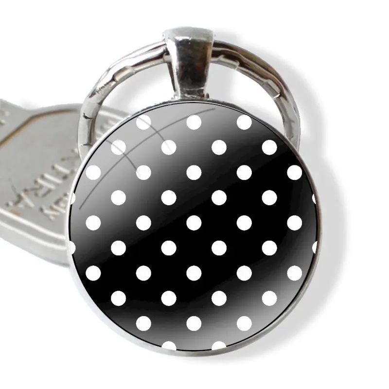 Black and White Polka Dot 25mm Glass Cabohcon Keychain Key Rings for Women Men Jewelry Gift